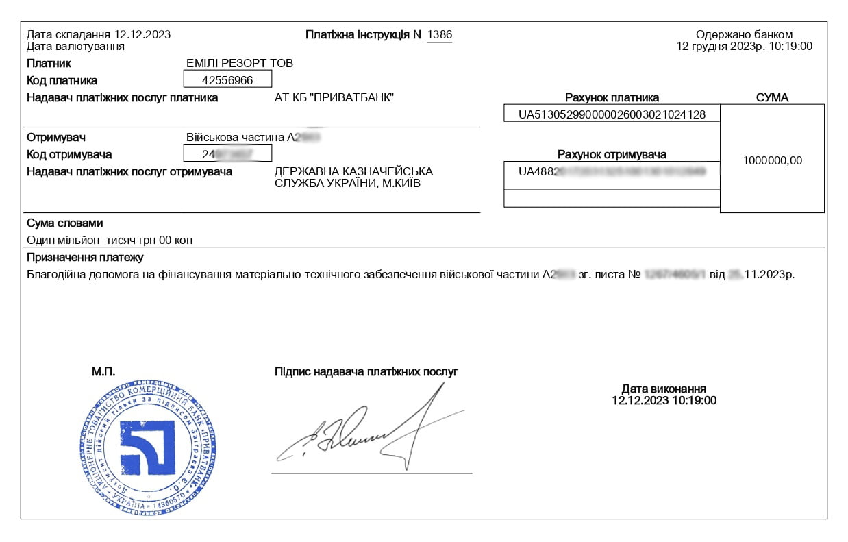 Emily Resort и его основатель Григорий Козловский передали на нужды ВСУ 2 млн гривен