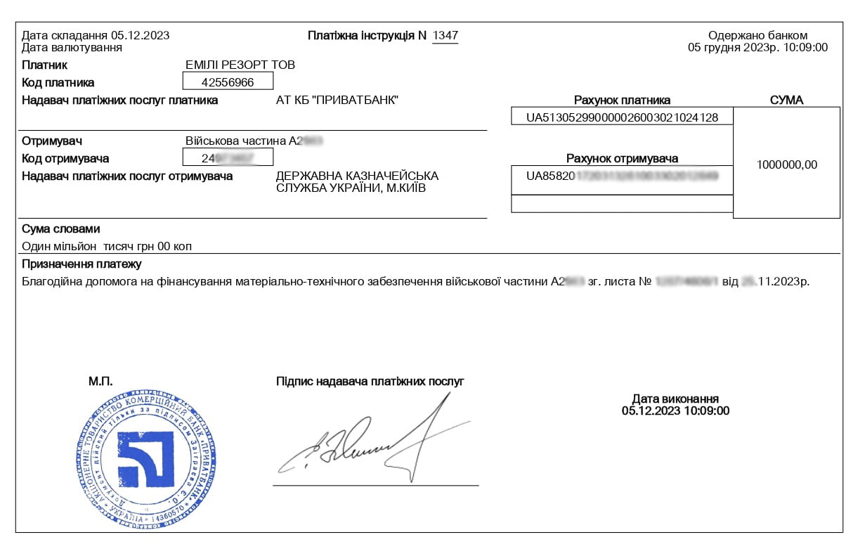 Emily Resort та його засновник Григорій Козловський передали на потреби ЗСУ 2 млн гривень